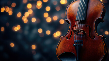 Beautiful Wooden Violin Illuminated by Soft Bokeh Lights, Capturing the Essence of Music During a Serene Evening