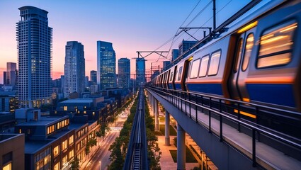 Fototapeta premium Twilight train speeding through modern urban landscape