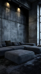 Dark Industrial Living Room 3D Render