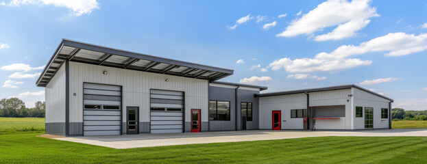 Gray steel structure showcases two large doors and a single entrance, with striking red highlights. Situated in a spacious rural area, it enjoys clear skies and lush greenery