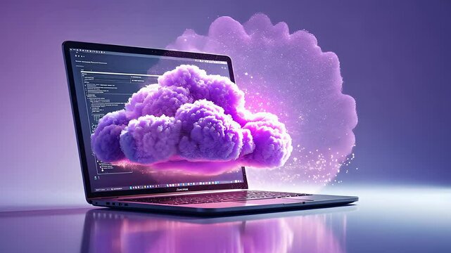 Laptop With Open Source Code Displaying a Floating Purple Cloud Depicting Cloud Computing and Data Storage

