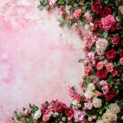 Background or wallpaper with flowers and roses for making art related to Valentine's Day, Mother's Day. Space for typing text 