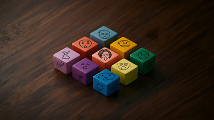 Colorful Cubes With Pixelated Faces Arranged On Dark Wooden Surface Displaying Emotions and Expressions