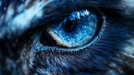 Intense gaze: A vibrant blue animal eye stares with focus amidst a field of detailed fur and texture Close up