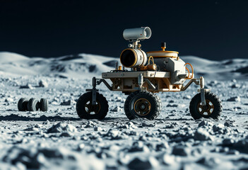 A lunar rover navigates the moon's surface, maneuvering around rocks and dust while collecting data during a scientific mission.