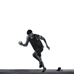 Concentrated and focused young man, dressed sportwear, running quickly from start against white background. Black and white photo. Concept of sport, healthy lifestyle, championship, action. Ad