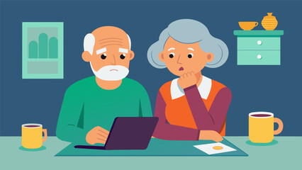 Fototapeta premium An older couple sitting at their kitchen table with worried expressions reviewing their retirement savings and wondering if it will be enough to. Vector illustration