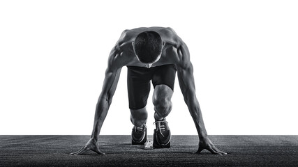 Young man, jogger, sprinter standing on start line, ready and focused, looking down against white background. Monochrome photo. Concept of sport, healthy lifestyle, championship, action. Ad