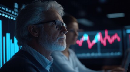Workers assemble glowing neon bars for futuristic financial display integrating technology with business strategy in a modern office environment