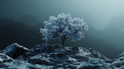 Frosted tree on rocky terrain under a moody sky evoking peace resilience and the beauty of nature's stark landscapes