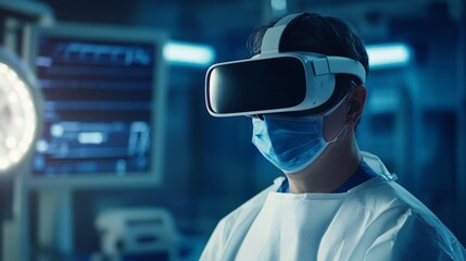Asian male surgeon using vr technology in operating room for enhanced precision