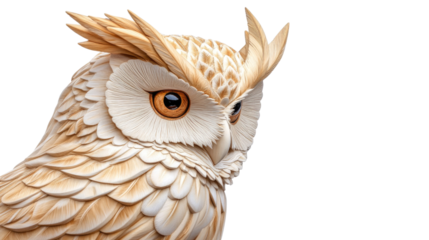 A carved owl with a pointed beak and large eyes