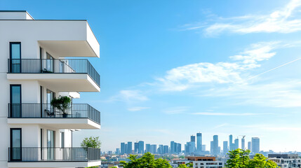 Obraz premium Modern Apartment Building With Balconies Overlooking City Skyline Under Bright Blue Sky