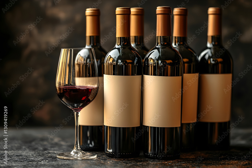 Poster collection of wine bottles with blank labels displayed alongside a glass. generative ai.