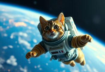 A cat dressed in a spacesuit floats effortlessly among the stars, exploring the vastness of outer space with curiosity and charm.