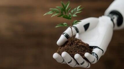 Robotic hand holding a young sapling symbolizes the integration of technology and sustainability in modern business practices