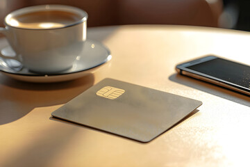 Coffee cup beside a credit card and smartphone on a wooden table. Generative AI