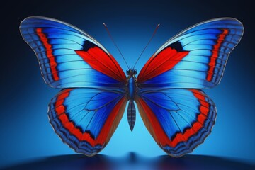 a close up of a butterfly with red and blue wings