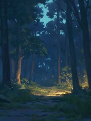 Tranquil Anime Forest at Night: Serene Landscape