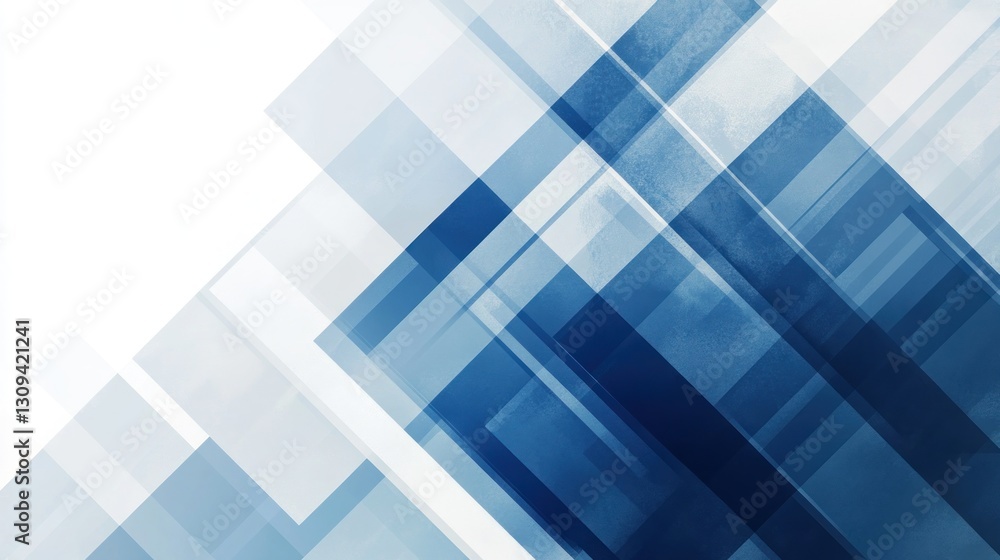 Poster abstract geometric background with overlapping blue and white rectangles.