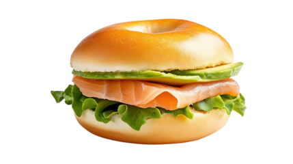A sandwich with avocado and salmon on a bagel