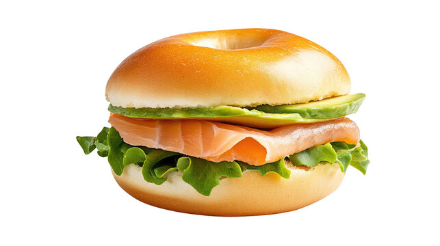 A sandwich with avocado and salmon on a bagel