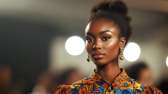 fashion event with african model walking runway black style outfit chic designer clothing cultural elegance catwalk couture glamour and modern presentation fashion trend