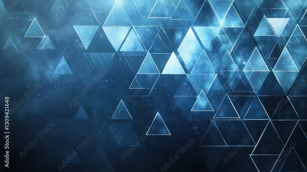 Poster abstract blue triangle background with glowing effect and space nebula.
