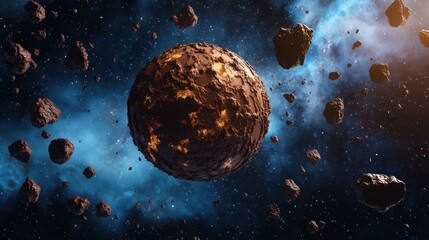 Obraz premium A giant chocolate planet floating in space, surrounded by cocoa asteroids, fantasy theme