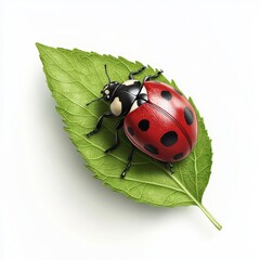 Fototapeta premium Realistic 3D Icon Cartoon of a Ladybug Crawling on a Fresh Green Leaf isolated on clear white background