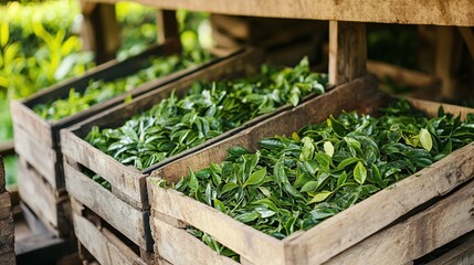 farming harvest background with bright green tea leaves organic crop packed in wooden crates herbal plant eco agriculture natural healthy drink food and botanical lifestyle concept