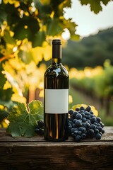 Fototapeta premium Elegant wine bottle beside fresh grapes in a sunlit vineyard setting. Generative AI