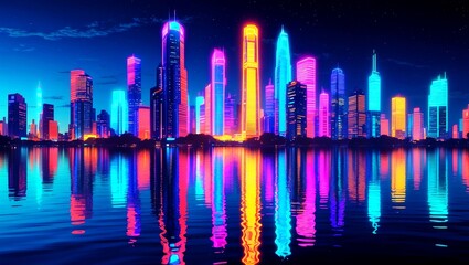 Vibrant neon cityscape reflected in tranquil waters