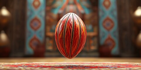 Realistic 3D Icon Cartoon of A Levitating Kola Nut with a Vibrant Red Surface on a Rich Cultural Background