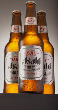 Mansfield,Nottingham,United Kingdom,20th February 2025:Studio product image of Asahi bottles of beer,The company is owned by Asahi Group Holdings.