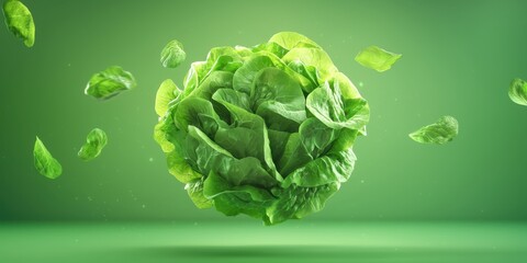 Realistic 3D Icon Cartoon of A Levitating Lettuce Head with Twisting Leaves on a Bright Green Background