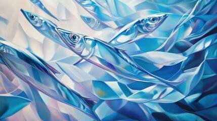 Obraz premium Abstract painting of a school of fish swimming in blue and white water.