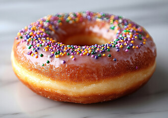 A classic Mardi Gras king cake doughnut with festive purple and green beads sits against a clean white background, offering ample copy space for text or branding elements in a celebratory design.