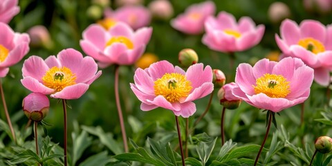 Obraz premium A vibrant collection of pink flowers blooms beautifully in a sunny garden. The petals show a lovely blend of colors. Nature inspired art. Perfect for floral designs or backgrounds. AI