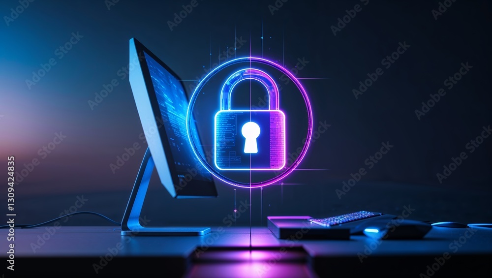 Poster computer screen displaying a digital padlock symbol representing cybersecurity and data protection a
