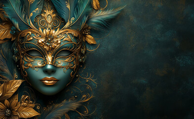 An elegant masquerade composition with a dark green background, featuring a golden and teal feathered mask framed by swirling gold leaf designs and delicate floral patterns for a sophisticated touch.