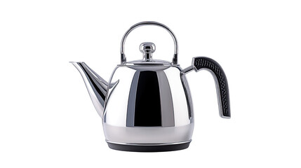 A silver tea kettle sits on a white background