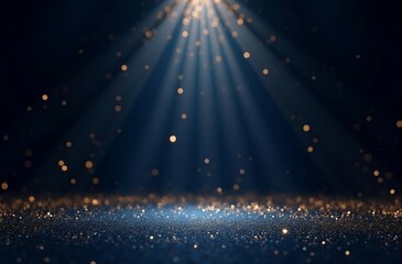 Dark stage background with blue curtains and spotlights