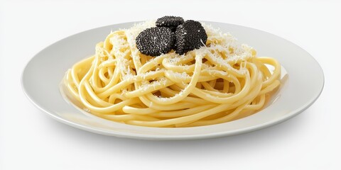 Realistic 3D Icon Cartoon of A Luxurious Black Truffle Pasta with Parmesan on a White Plate