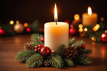 candles are lit on a table with christmas decorations around them