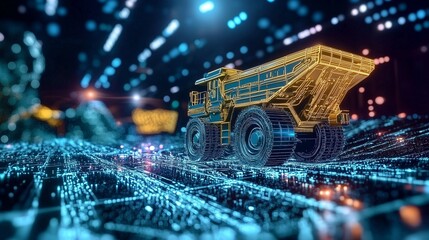 Futuristic mining truck in digital landscape symbolizes digital transformation in mining.