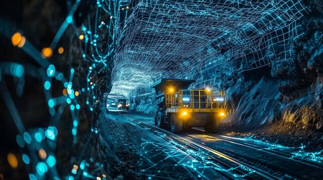 Autonomous vehicles in a digital mining tunnel, highlighting technology and innovation.