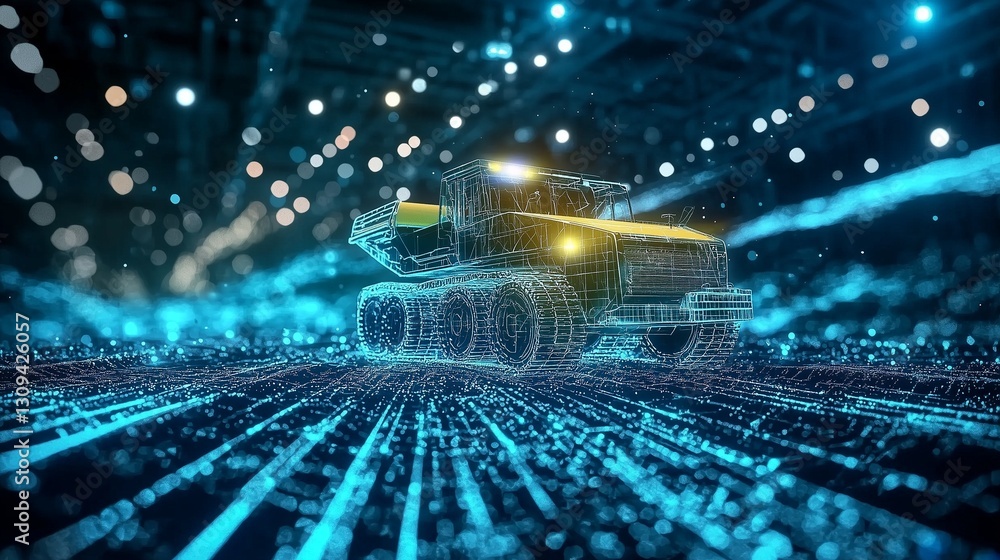 Poster futuristic mining vehicle in digital grid, symbolizing automation and digital transformation.