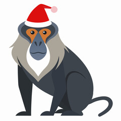 Cartoon cute mandrill monkey sitting christmas red hat on the head.Suitable for children's books, sticker, mascot, logo. Colorful vector illustration animal on white background