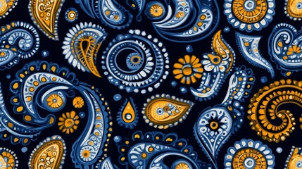Paisley Pattern Blue and Gold Floral Design on Dark Backdrop, Textile ,Ornament